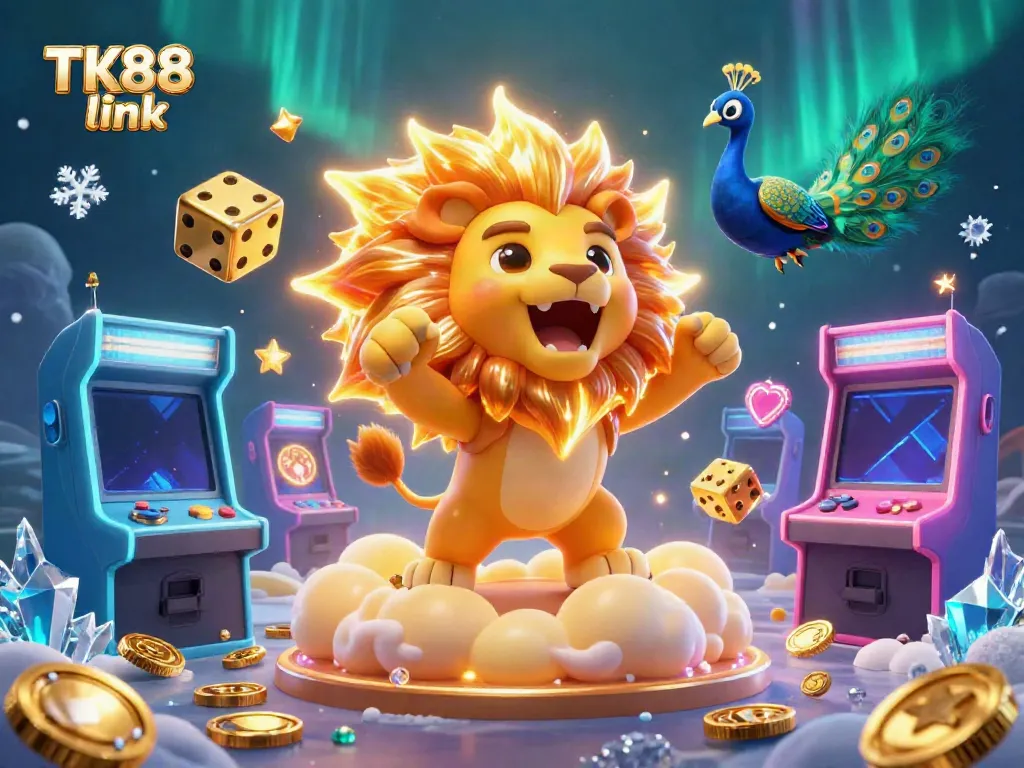 Engage with exciting gameplay at TK88 link featuring a roaring sun lion, golden dice, and dynamic gaming elements.