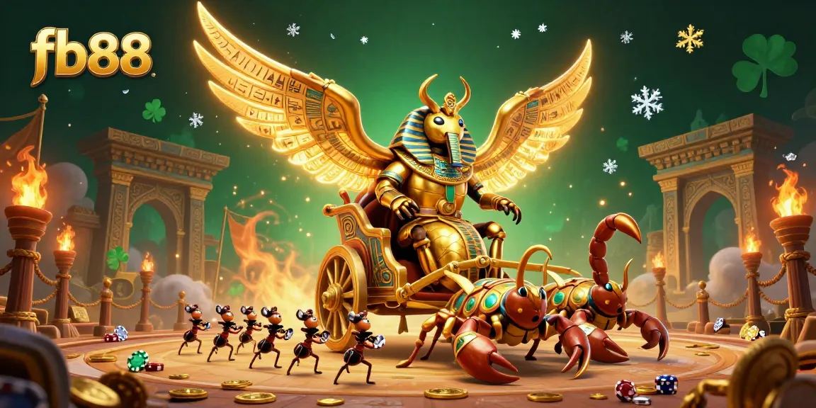 Experience exciting gameplay at fb88 with a colossal scarab beetle and scorpions in a dynamic casino setting.