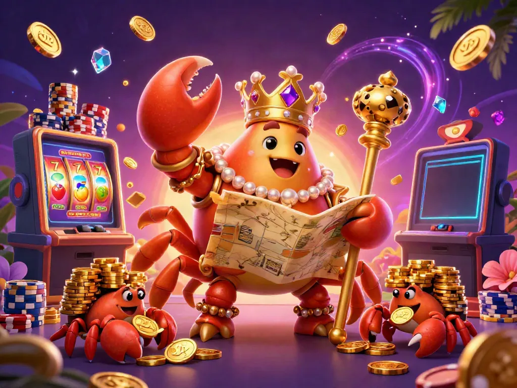 Experience the vibrant casino action with sunwin, featuring a golden crab emperor amidst a treasure-filled scene.