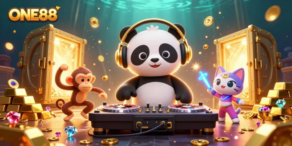 Join the excitement at ONE88 with a vibrant 3D scene featuring a DJ panda spinning roulette and lively characters.
