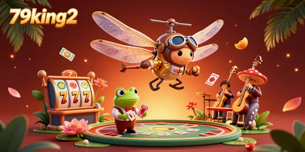 Experience thrilling gameplay at 79king2 with a vibrant casino scene featuring a dragonfly pilot, frog croupier, and jazz musicians.