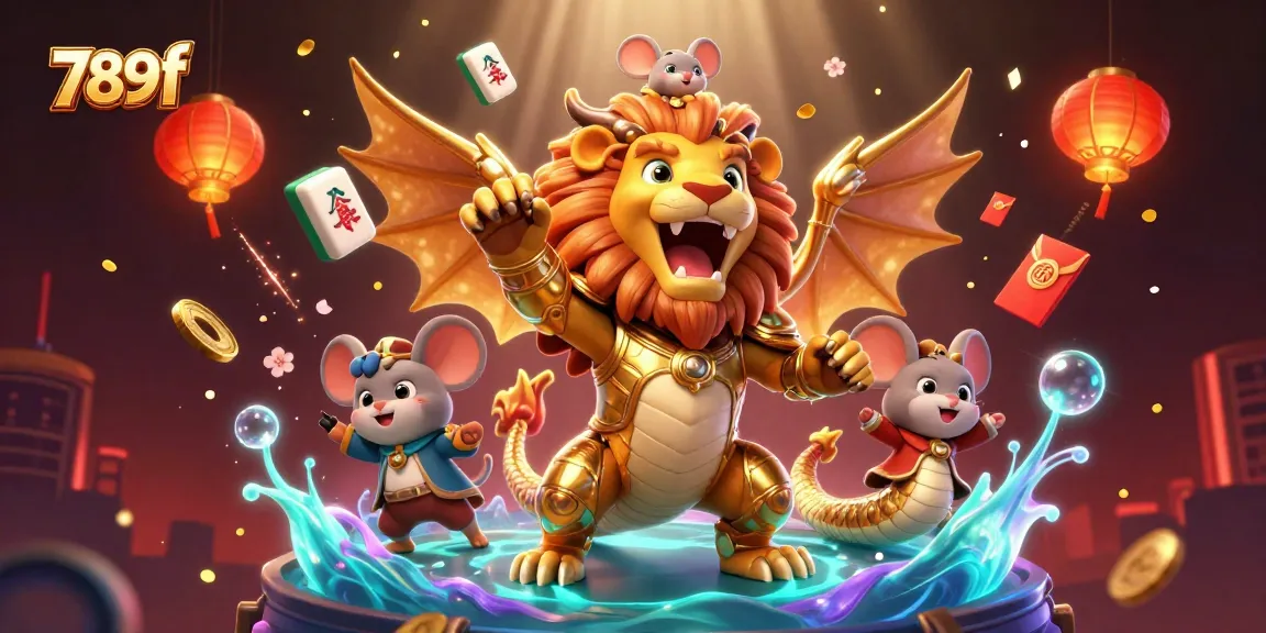 Experience the thrill of 789f with a vibrant, dynamic casino illustration featuring a roaring chimera and playful elements of luck.
