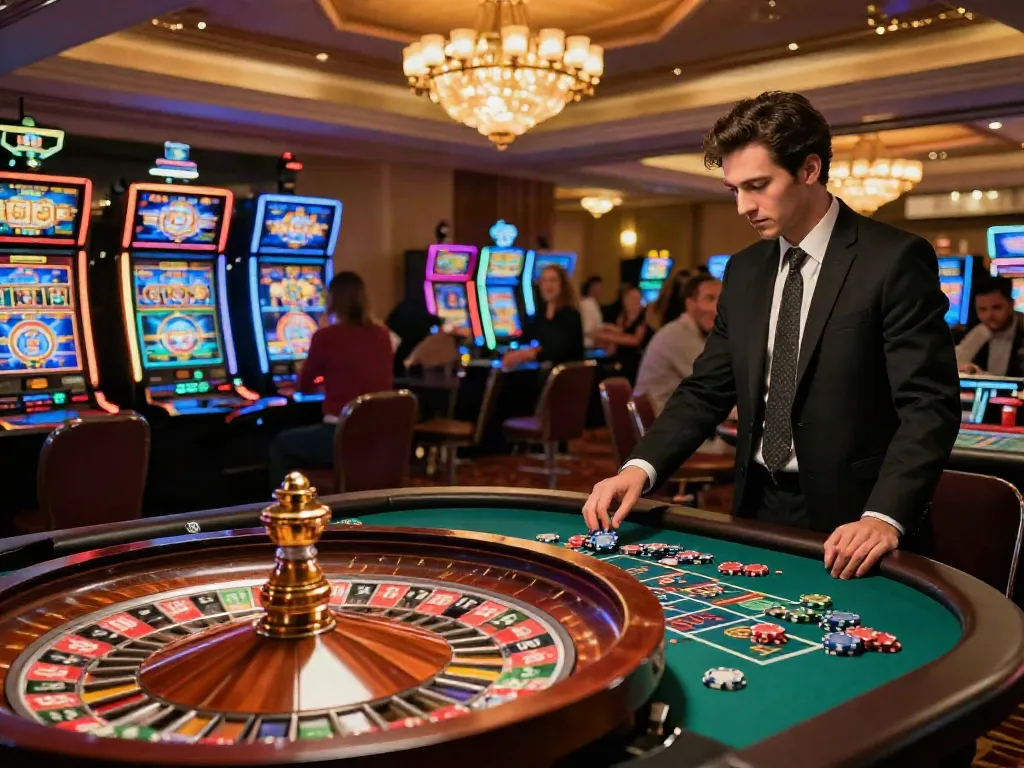 Exciting casino scene with a player at a roulette table enjoying Casino Gratuit sans depot experience