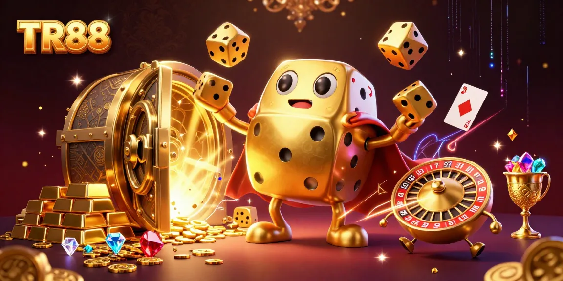 Experience TR88's thrilling online gambling with a dynamic 3D scene showcasing vibrant casino elements.