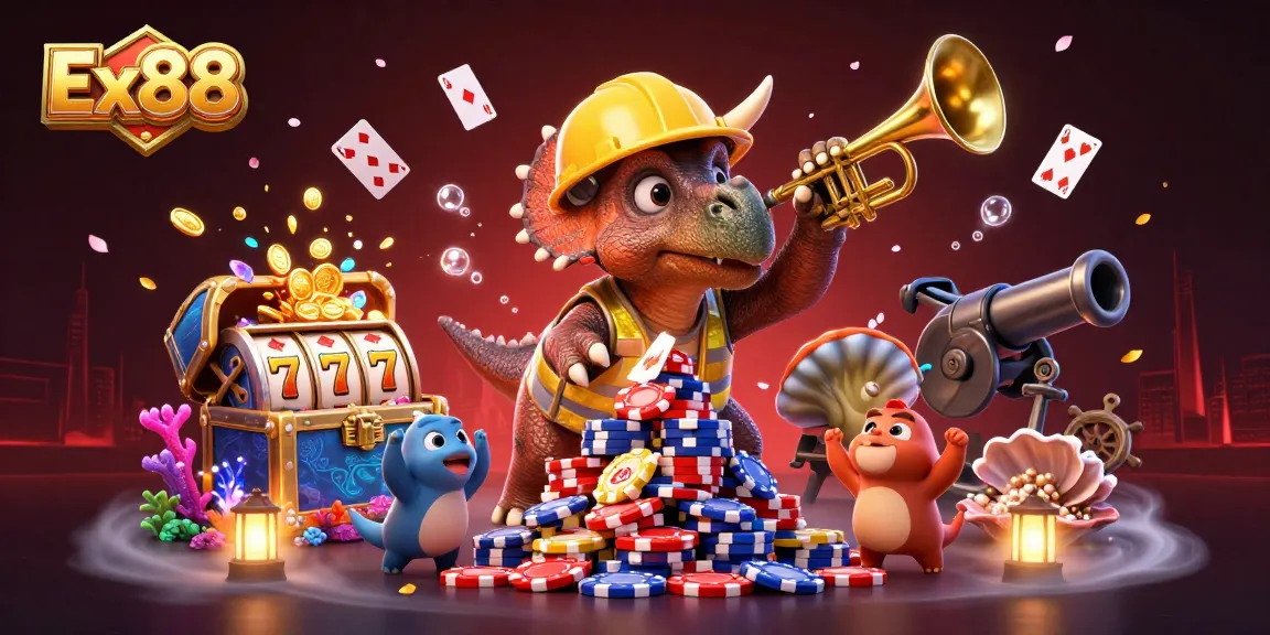Experience Ex88's exciting gaming atmosphere with a triceratops building poker chips and celebrating wins.