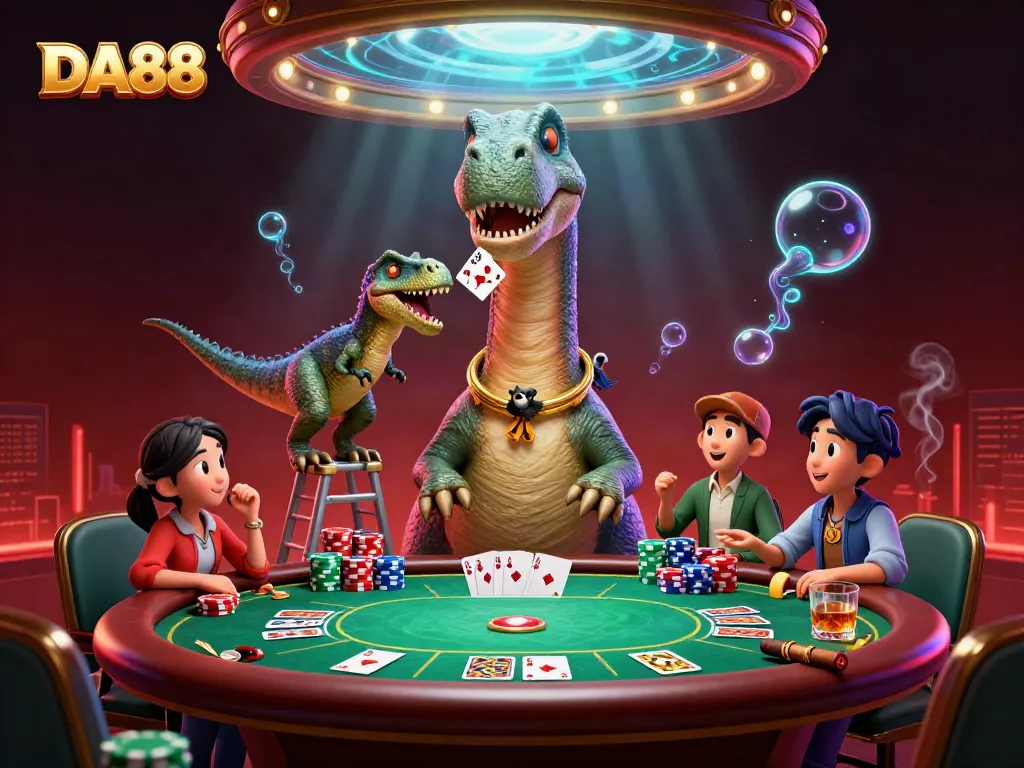 Engaging scene of DA88, featuring a brontosaurus observing a poker game, with vibrant casino elements.
