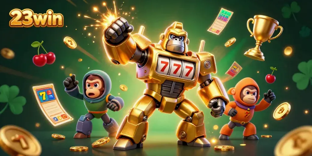 Spin to win with the 23win golden gorilla mech and its vibrant casino environment.