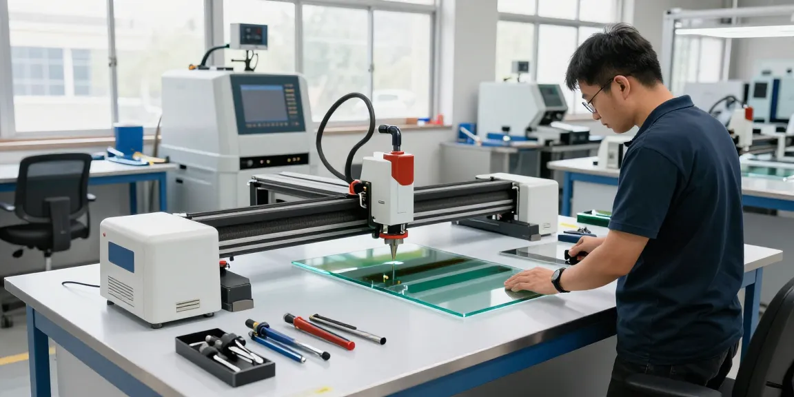 Technician using a glass cutting table in a modern workshop environment