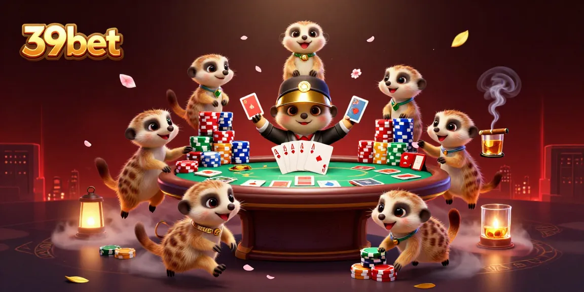 39bet meerkats engaging in a lively casino scene filled with poker chips and vibrant game elements.