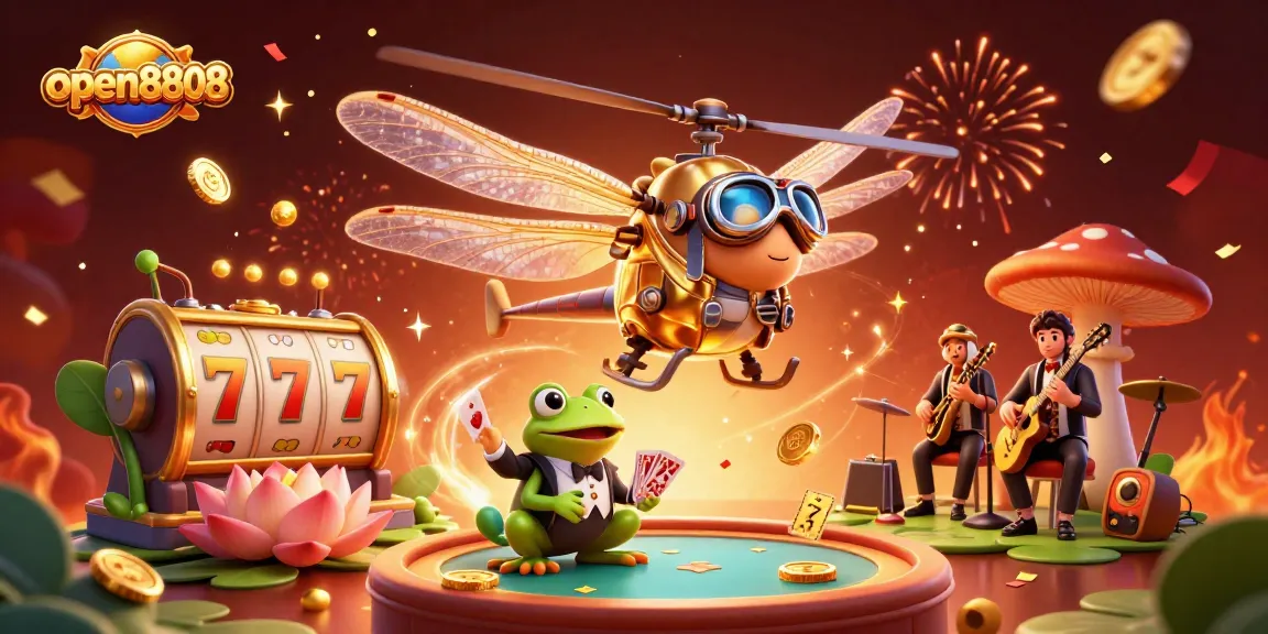 Experience the excitement of open8808 with a lively casino scene featuring a dragonfly pilot and jazz musicians.