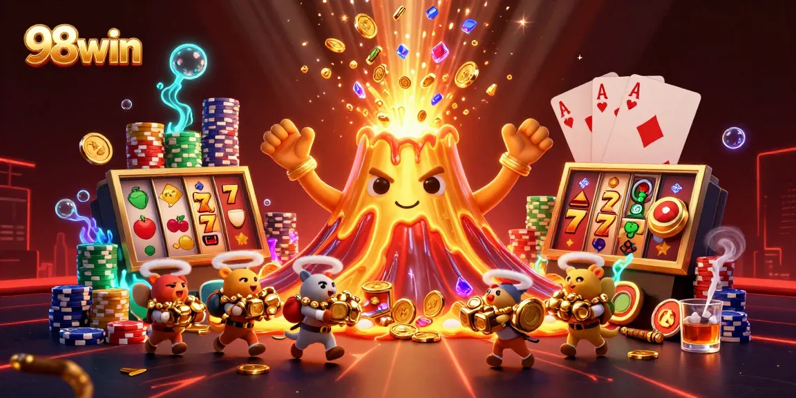 Experience the thrill of 98win with golden volcanoes erupting coins, dynamic slot elements, and rich casino action.