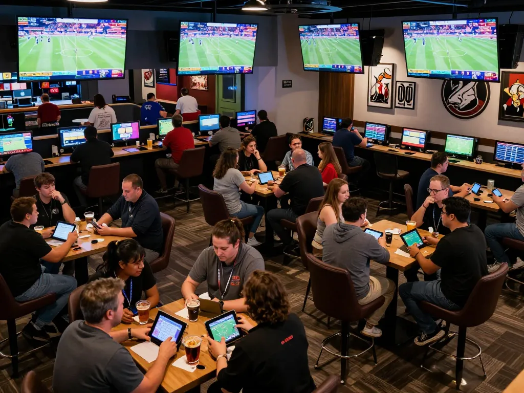 Placing bets on Kèo Nhà Cái 5 in an energetic sports betting lounge with live games displayed