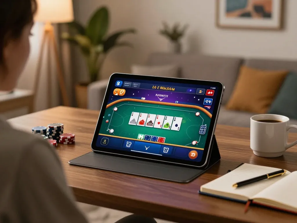 Eye-catching online poker gameplay at HELLO88 on a tablet in a cozy living room