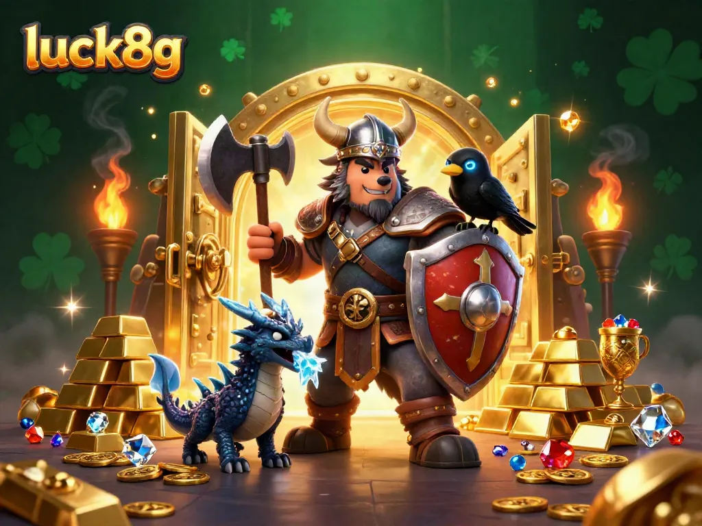 Engage with luck8g's thrilling casino adventure featuring a Viking warrior and dragon amidst treasures.