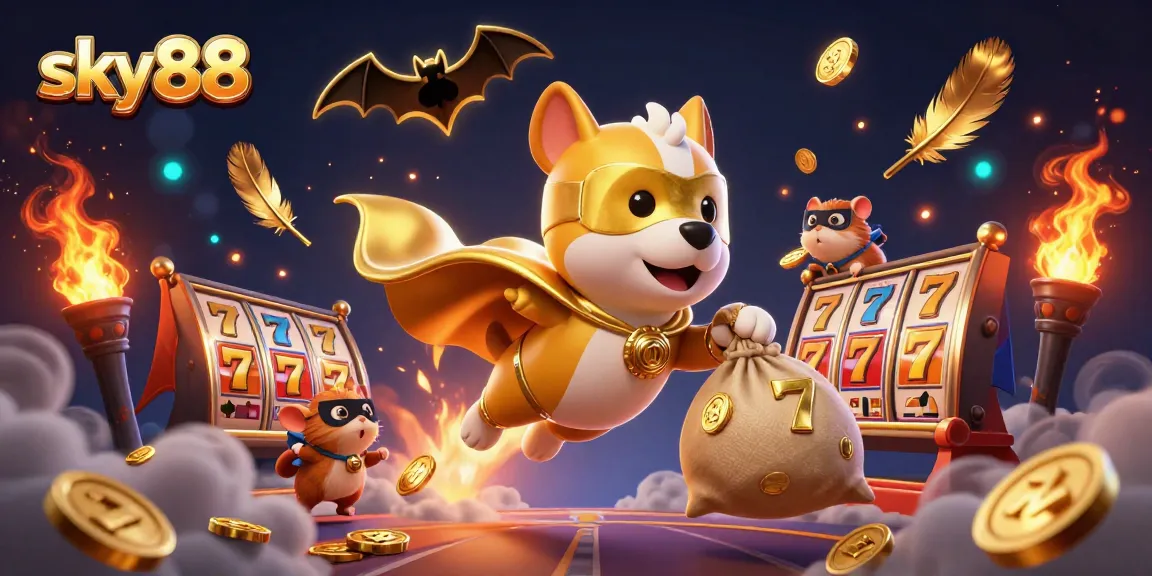 Experience thrilling gameplay with sky88's exciting slot scene featuring a superhero dog and vibrant casino elements.