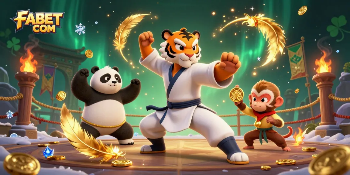 Engage with FABET COM in a vibrant 3D scene featuring kung fu characters and rich casino elements.