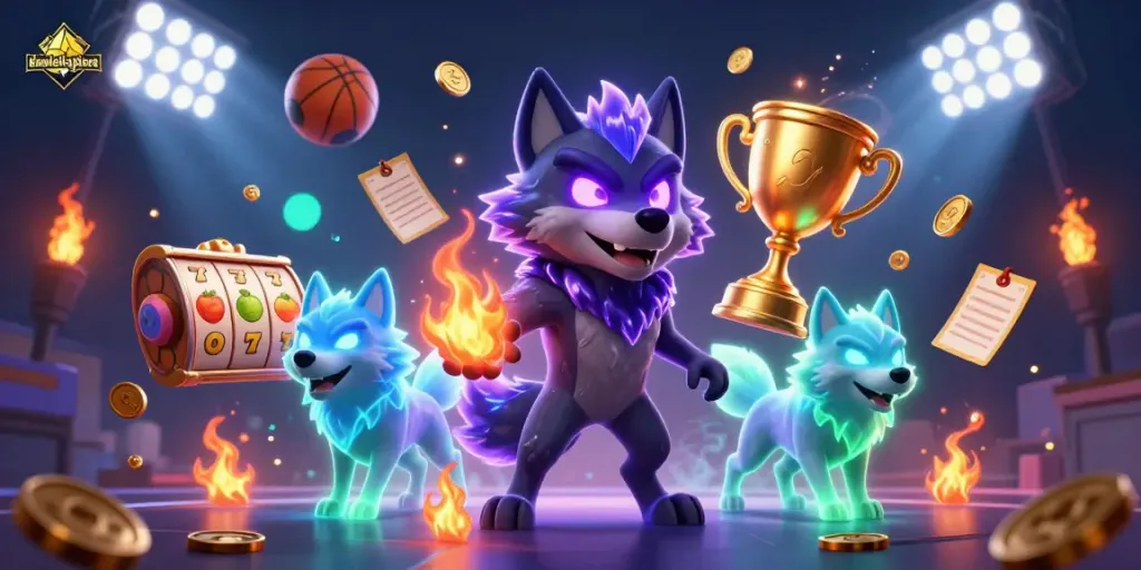 Experience the thrilling gameplay of daniellesplace with a dynamic casino scene featuring ghostly wolves and slot reels.