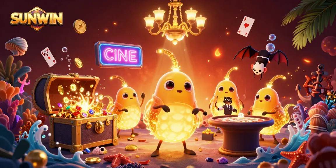 SUNWIN casino scene where glowworms illuminate a vibrant gambling area with gold coins and colorful gems.