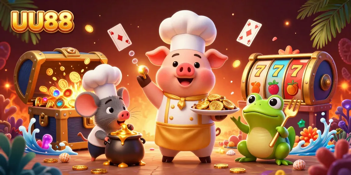 UU88 showcases a vibrant 3D scene with a chef pig serving gold coins, combining gourmet flair with dynamic gaming elements.