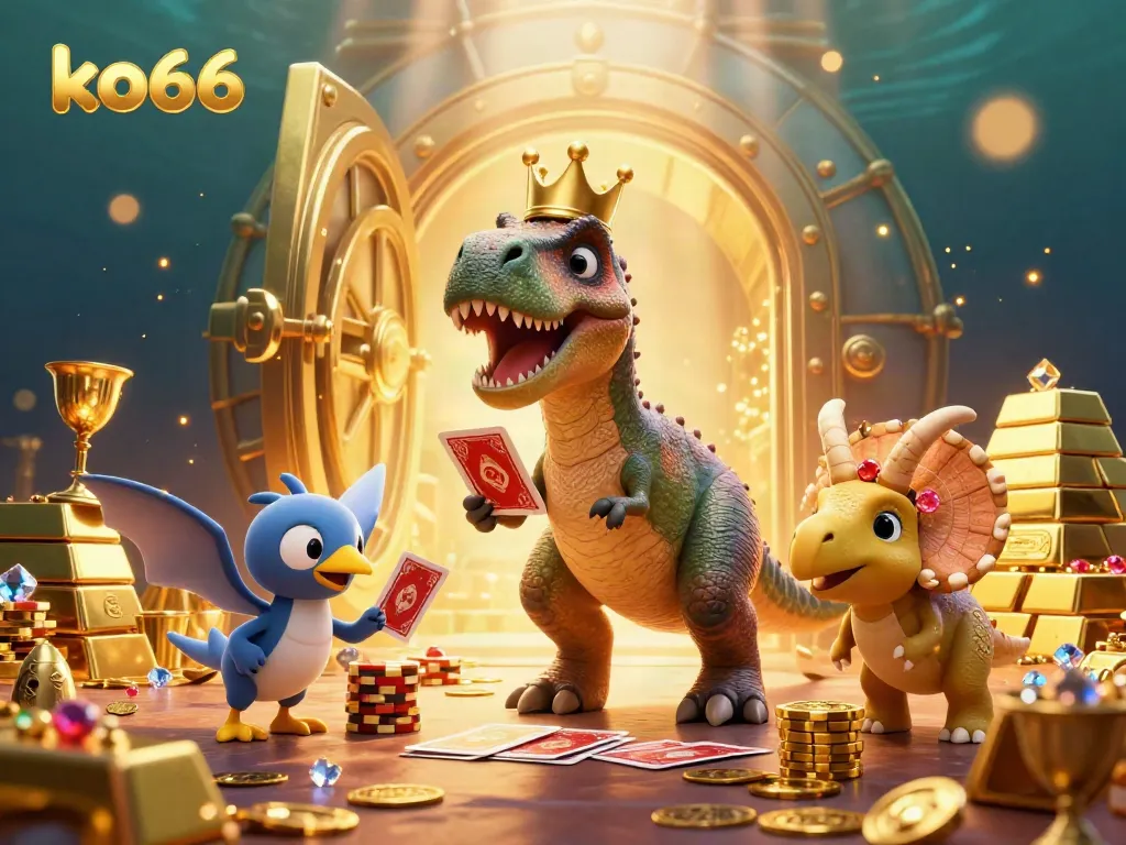 Join the fun at ko66 with a playful T-Rex shuffling poker cards as treasures shine everywhere!