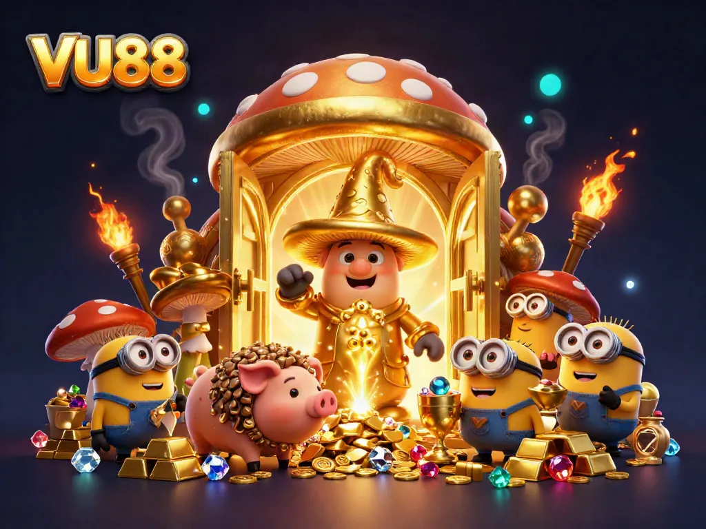 Experience the excitement of VU88 with a golden mushroom wizard casting spells over jewels in a rich casino atmosphere.