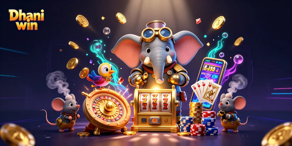 Dhani win slot gambling scene featuring an elephant engineer operating a golden slot machine and dynamic casino elements.