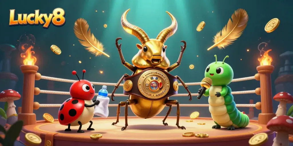 Experience the thrill of Lucky8 with a giant stag beetle champion in a dynamic casino scene.