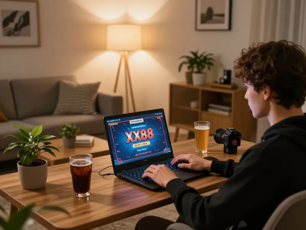 Enjoying an online gaming session at XX88 platform in a cozy home setting.