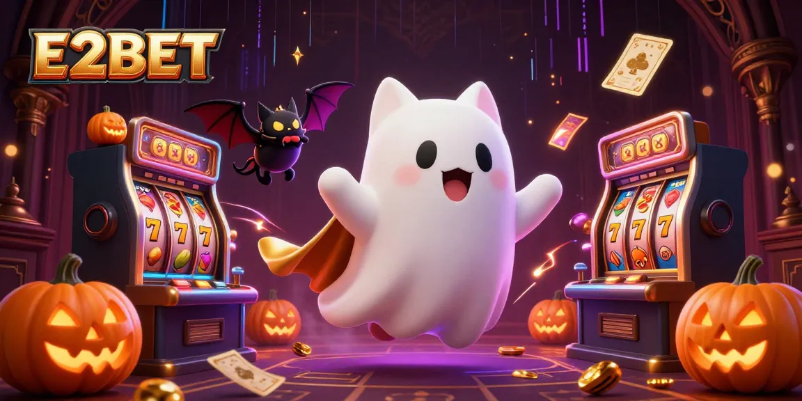 E2BET showcases a captivating ghost cat in a vibrant haunted mansion, enhancing your casino experience.