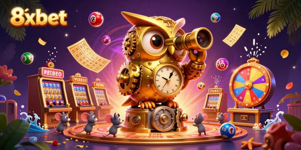 Join the gaming excitement at 8xbet with a vibrant casino scene featuring slot machines and lottery elements.