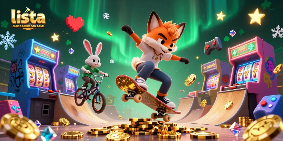 Interagisci con la scena vivace della lista casino online non AAMS featuring una volpe skateboarder e un coniglio BMX in un arcade di casinò.