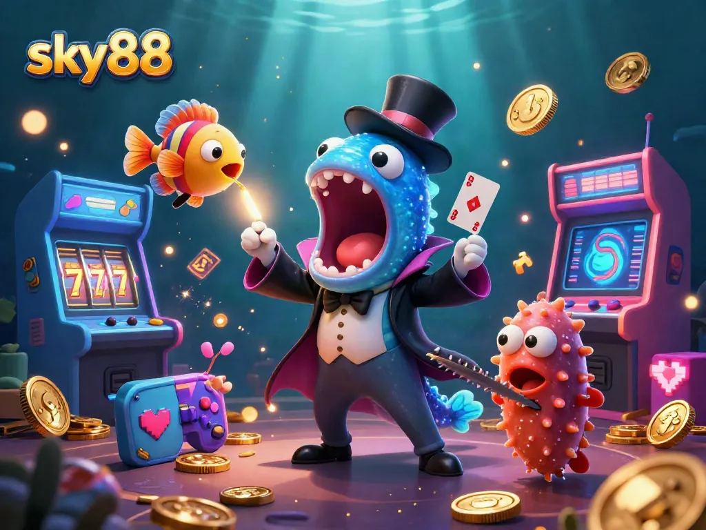Experience thrilling gameplay at sky88 with magical ocean characters performing casino tricks and colorful slot machines.
