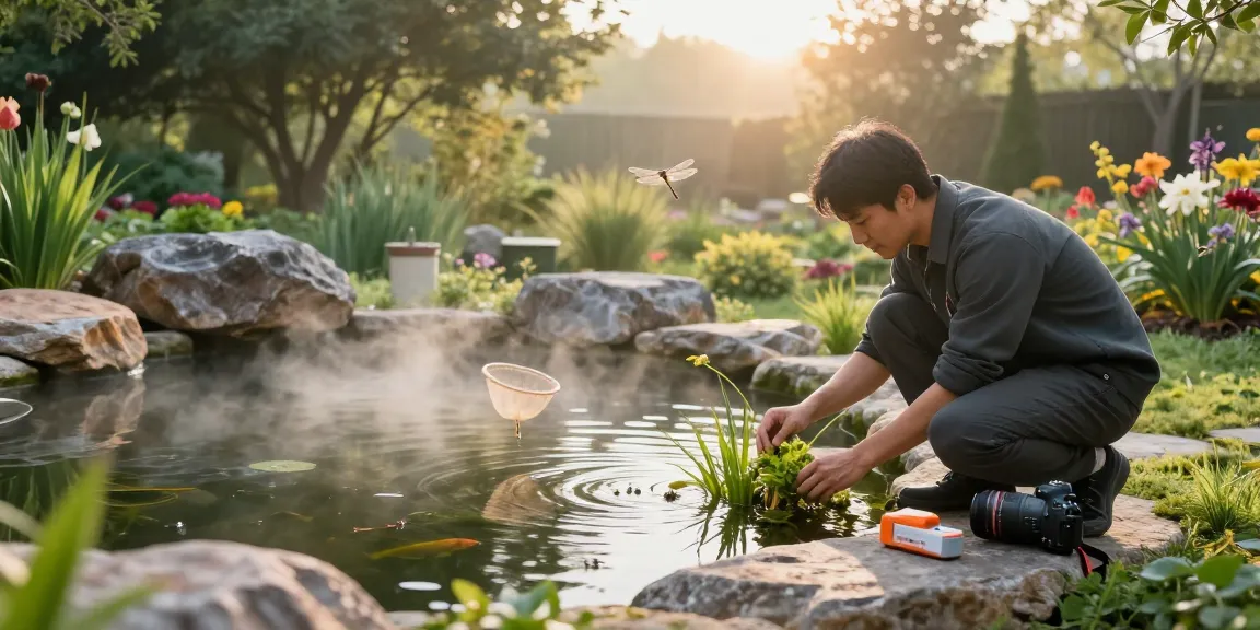 Pond specialist inspecting aquatic plants in a serene backyard pond.