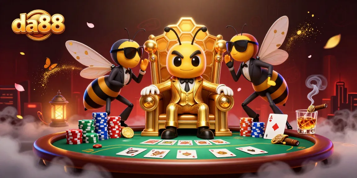 da88 themed poker scene featuring a cartoon bumblebee mob boss and vibrant game elements
