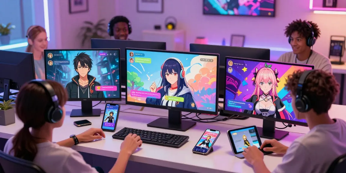Dynamic users engaging in ai ecchi chat with vibrant anime characters