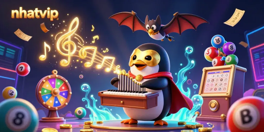 Nhatvip's vibrant casino scene features a phantom opera penguin playing music with golden coins and lottery elements.