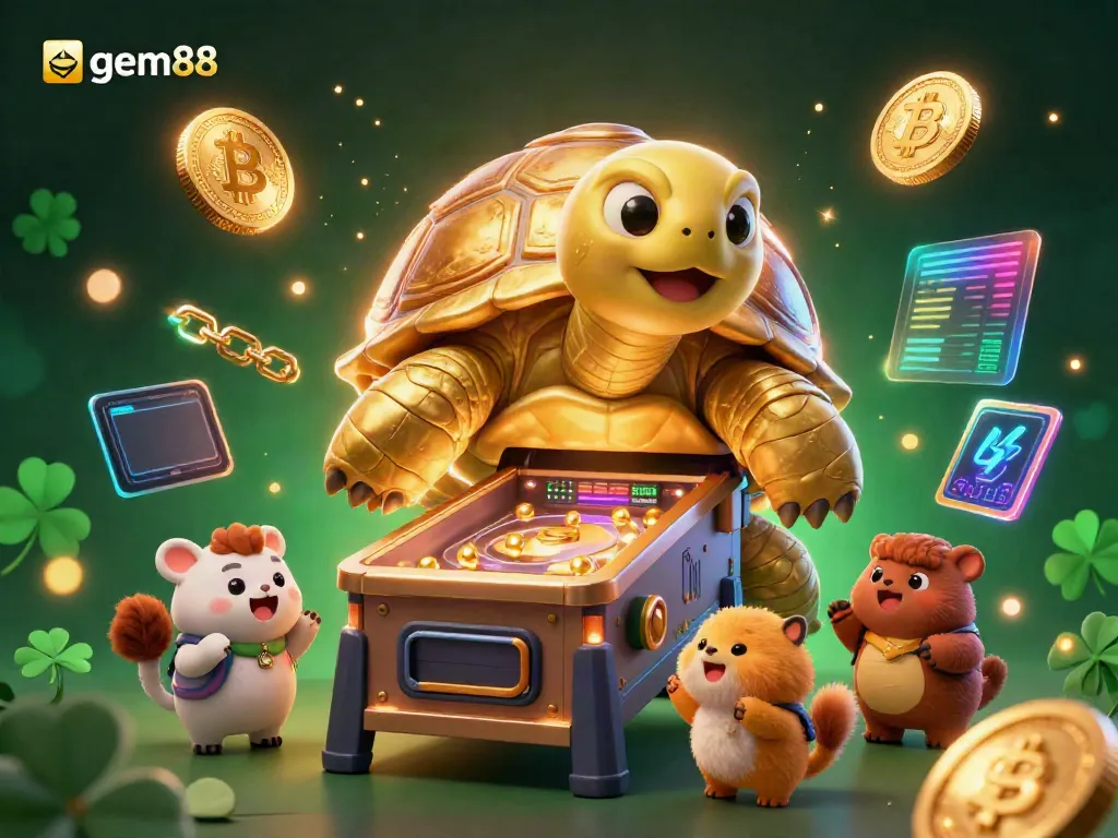 Experience the thrilling gameplay at gem88 with a festive scene of a golden tortoise pinball machine surrounded by crypto elements.