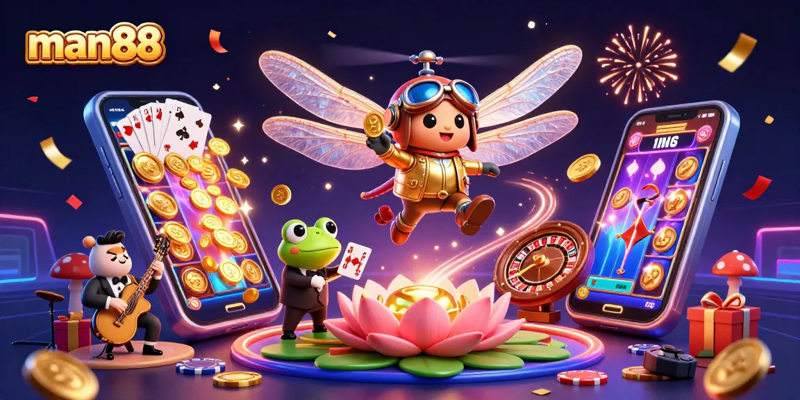 Experience immersive gaming action with man88 in a vibrant 3D casino illustration featuring dynamic characters.