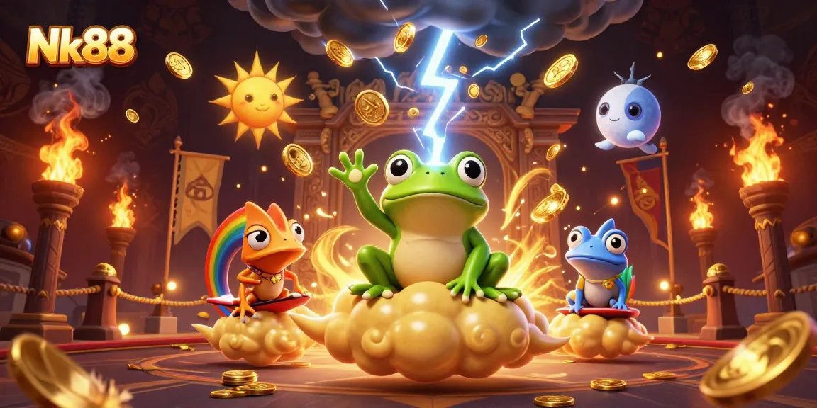 Nk88 captures the excitement of winning with golden coins and captivating characters in a dynamic casino scene.