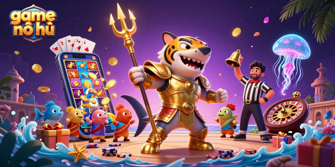 Engage with game nổ hũ in an exciting underwater scene featuring a gladiator shark and vibrant slot elements.