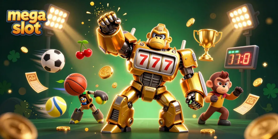 Menangkan jackpot mega slot dengan ilustrasi mesin slot 3D yang memukau dan simbol keberuntungan.