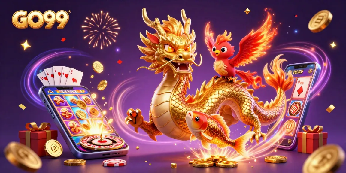 Capture big wins with GO99 as the fierce dragon, phoenix, and koi fish celebrate in a vibrant 3D casino world.