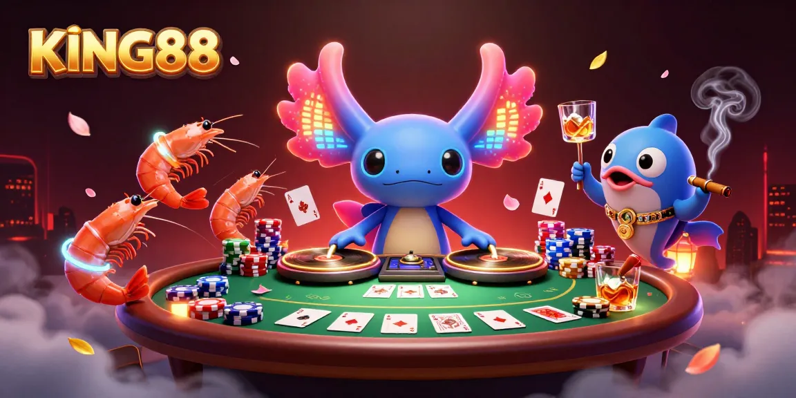 Experience the excitement of KING88 casino with a vivid scene featuring vibrant axolotl DJ and poker elements.