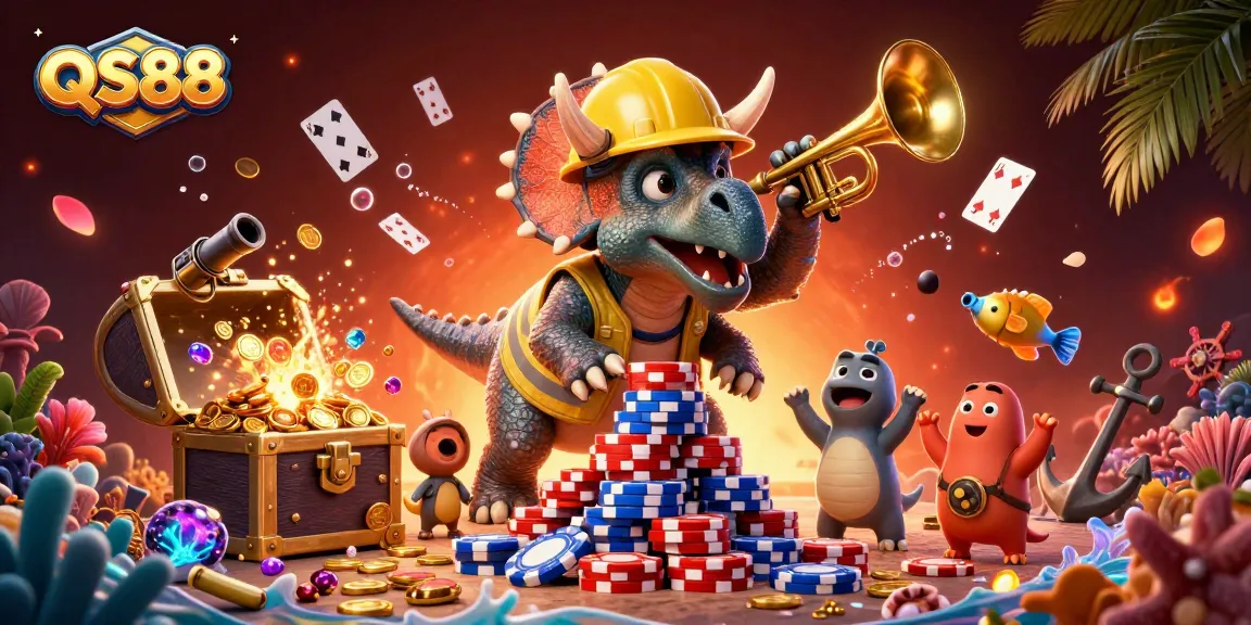 Celebrate winning moments at QS88 with a lively scene featuring a triceratops building poker chip pyramids.