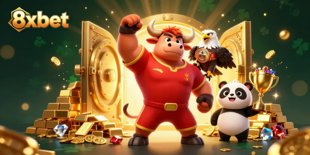 Win big at 8xbet with thrilling animation featuring a bull mascot, eagle, and panda amidst treasures.