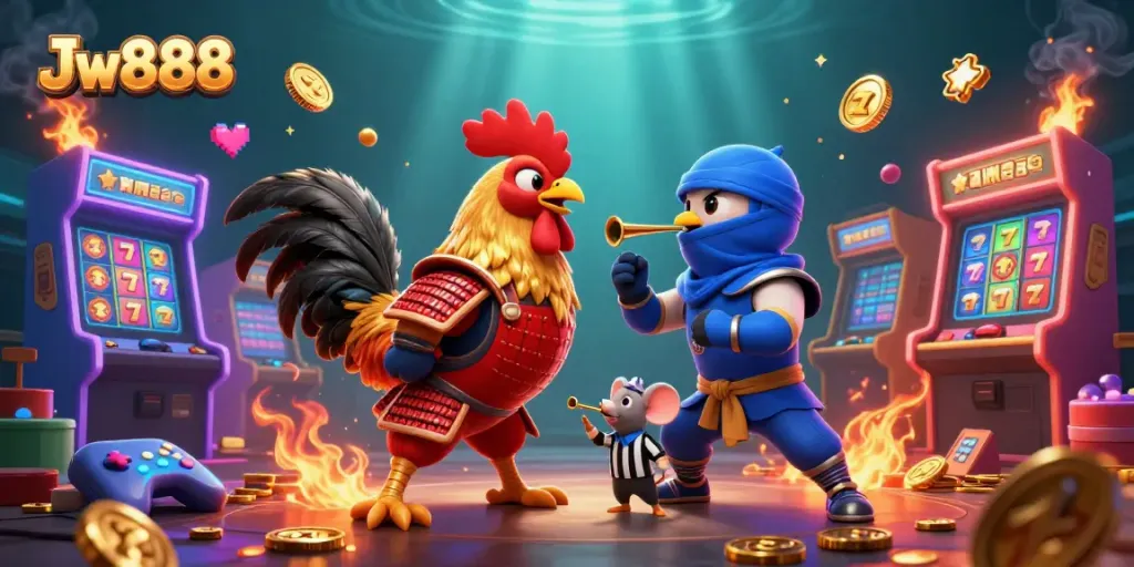Engage with Jw888 in a dynamic casino showdown featuring vibrant slot game elements.