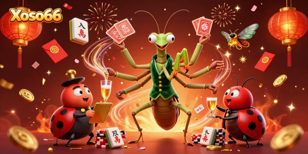 Experience thrilling wins at Xoso66 with a lively casino scene featuring vibrant characters and festive elements.