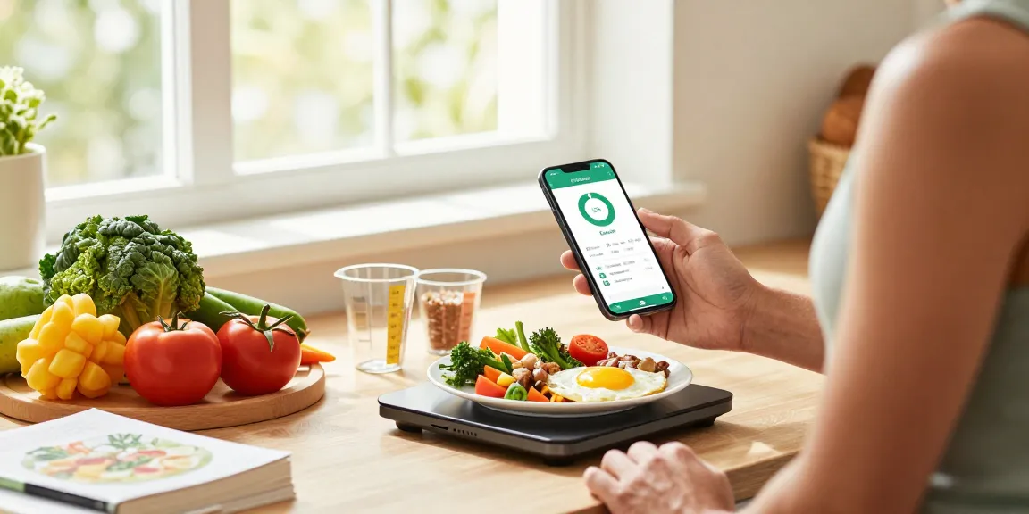 Using the best calorie tracker app in a vibrant kitchen for healthy meal prep.