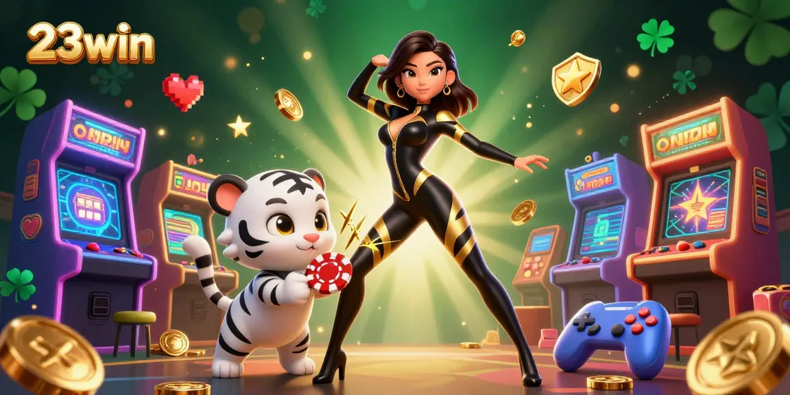 Experience thrilling gaming moments with 23win in a vibrant casino illustration filled with unique game elements.
