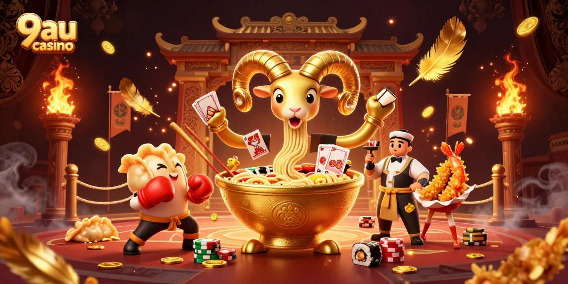 Join the excitement at 9au casino with a vibrant 3D scene featuring a giant ramen bowl dealer.